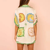 Women's New Temperament Casual Printed Shirt Short Sleeves Tight Waist Button Shorts