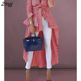 Women Boho Stripe Long Sleeve Deep V neck Loose Long tail Tunic T Shirt Hippie Spring Autumn