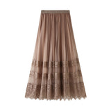 Skirt 2025 Spring Korean Version Of The New High-Waisted Lace Splicing Mesh Dress Female Hundred Folded Skirt A-Word Long Dress