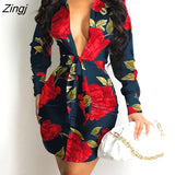 Elegant V Neck Long Sleeve Plunging Knot Tie Floral Print Shirt Dress Women Spring Autumn Workwear Mini Dress
