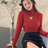 Sweater Women Heart Crop Solid Korean Style Sexy Cute Sweet Winter Ladies Tops Design High Street Harajuku Chic