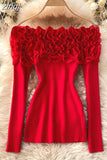Slash Neck Off Shoulder Knitted Tops Women Elegant Purple/Red/White 3D Flower Long Sleeve Slim Shirt Female Blouse