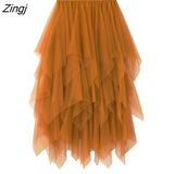 Tulle Skirt Women Elastic High Waist Mesh Midi Skirt Plus Size Elegant Design Pleated Tutu Skirt Female Jupe