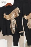 Piece Women Set Winter Spring New Arrival Casual Black Sequined O-Neck Beading Sequined Long Sleeve Top And Long Pants