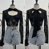 Real Shot Design Lace Ribbon Hollow Long Sleeve Top Sexy Slimming Bottom T-Shirt