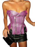 Women Black PU Leather Bandeau Off Shoulder Tube Tops Solid Summer Casual Strapless Zipper Sleeveless Tank Crop