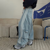 Wind Side Striped Bump Color Splicing Jeans Belt Belt With Casual High-Rise Thin Loose