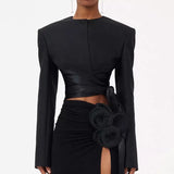Zingj 2024 New Fashion Pure Color Round Collar Belt Top Design Sense Waist Show Thin Long Sleeve Women's Small