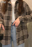 Thick Women Plaid Shirts Korean Winter Warm Fleece Button Up Tops Vintage Turn Down Collar Loose Casual Woolen Female