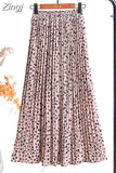 Women 2023 High Waist Floral Print Mid Calf Long Pleated Skirt Girls Summer Vintage Elegant Chiffon Midi