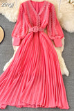 Embroidered Pleated Long Dress Vintage V-Neck Lantern Sleeve High Waist Draped Maxi Vestidos Female 2023