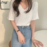 Women V-Neck Fashion Summer Sexy Female Tops All-match New Harajuku Slim Vintage Ulzzang Elegant Chic Ins Popular