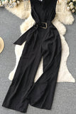 Vintage V-Neck Wide Leg Jumpsuits Women Elegant Red/Green/Orange Sleeveless High Waist Romper With Belts New Fashion