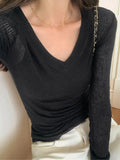 Ribbed V Neck Slim Long Sleeve Knit-Outfit