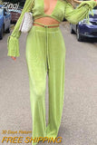 Sexy Green Pants Set Women Casual Loose Bandage Blouses Shirt Matching Wide Leg Trousers Suit Elegant 2 Piece Pant