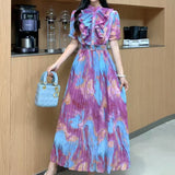Design Wood-Like Ear-Side Bubble-Sleeved Dress Women's Waist Thin Temperament Print 100-Fold French Holiday