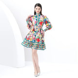 Style Dress Woman 2025 New Elegant Dress Collar Lantern Sleeves A-Word Print