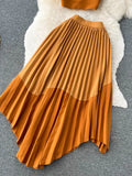 Women Sexy Pleated Two Piece Set Vacation Beach Hit Color Strapless Tops Camis + High Waist Irregular Draped Skirt
