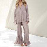 Women's 2025 Spring New Fashion Set Rolled Shirts Long Sleeves Open Pajamas Two-Sleeve