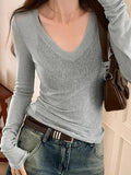 Ribbed V Neck Slim Long Sleeve Knit-Outfit