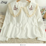 Embroidered Flowers Shirt Women Korean Peter Pan Collar Lolita Blouses Elegant Long Sleeve Single Breasted Blusas