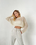 Spring And Summer New Knitted Shirt Horn Sleeve Loose Round Collar Hollow Sweater