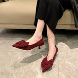 Heel Temperament Single-Shoe Women's Shoes Spring New Velvet Face Sweet Pointed Bow Bow Low Heel Shallow Women's