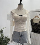 Pat With Chest Cushion Square Collar Bow Lace Long Sleeve Bottom Top Dress Slim Slim Short Shirt