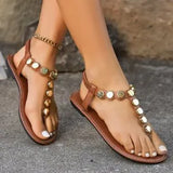 Sandals Women 2025 Summer New Flat Base Light Leisure Thin-Bottom Round Metal Piece Human Letter Slippers