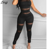 Women Fashion Elegant Casual Sheer Mesh Thick Strap Sleeveless Skinny Jumpsuit Solid Sexy Round Neck