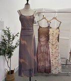 Sexy Tie-Dye Print Dress Waist Folded Folded Black Back Mesh Slings Long Skirt