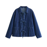 Women's Spring New Collar Bows Decorated With Long-Sleeved Pocket Wash Denim Shirt Pocket