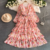 Autumn New Long-Sleeved Print Chiffon Dress Sweet Temperament Holiday Waist Thin Cake Dress Dress
