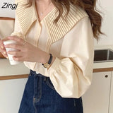 Blouses Women Korean Style Long Sleeves Shirts Elegant Vintage Peter Pan Collar Tops All-match Streetwear Female