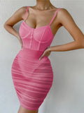 Women See-Through Patchwork Romper Dress Underwired Sleeveless Spaghetti Strap Ruched Slim Fit Dress
