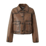 Women's Clothing Explosion Retro Oil Wax Locomotive Wind Queen Brown Leather Short Jacket