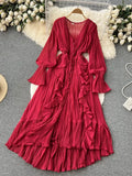 Chiffon Pleated Long Dress Women Vintage V-Neck Flare Sleeve Draped Ruffle Vestido Female Maxi Robe Spring
