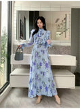 2025 New Long-Sleeved Heavyweight Bow Long Print Chiffon Sweet Dress Seaside