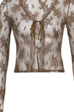 Fashion White Lace Top Women T-shirt Transparent Summer Front Tie Up Crop Tops Retro Cardigan Long Sleeve