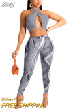 Fitness Outfits Sexy Print Halter Hollow Out Crop Top And Pants Two Piece Sets Summer Matching Club Suit Women