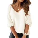 Autumn New Imitation Marinose Sweater Female Solid Color Long-Sleeved V-Neck Loose Large-Size