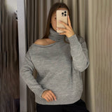 Enter The High-Collar Shoulder Sweater Unique Asymmetric Design Gentle Apricot Gray Color Optional Autumn And Winter