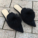 Flat Pointed Slippers Furry Ball Baotou Slipper Tassel Lazy outside Holiday Slippers