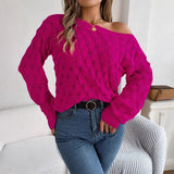 Real Shooting Autumn And Winter Leisure Feathers Hollow Word Collar Shoulder Lantern Sleeve Sweater Women's