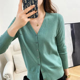 Zingj New Spring And Fall Thin Knit Women's Cardigan Long Sleeve V Neck Short Sweater Small Shawl Coat Jacket-Outfit