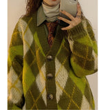 Zingj 2023 New Autumn Winter Loose Green Diamond Sweater Cardigan Coat Thick Lazy Sweater