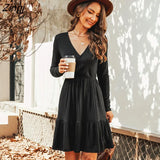 PETAL Ribbed A-Line Mini Dress For Woman Grey Sexy V-neck Long Sleeve Party Dress 2023 Spring Autumn Female