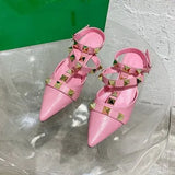 New Rivet Pointed Thin Heel Baotou Half Slipper Female Middle Heel Shallow Mouth Lazy Mueller