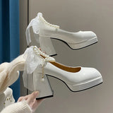 Size High Heels Female 2025 Spring And Autumn String Beads Chain Fairy Wind Thick With Simple Square Head Mary Jane Single Shoes