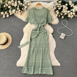 Zingj Summer Wear New Retro Hollow Out Light Ripe Super Fairy Short Sleeve Dress Female Sen Department Fishtail Package Hip Long Skirt